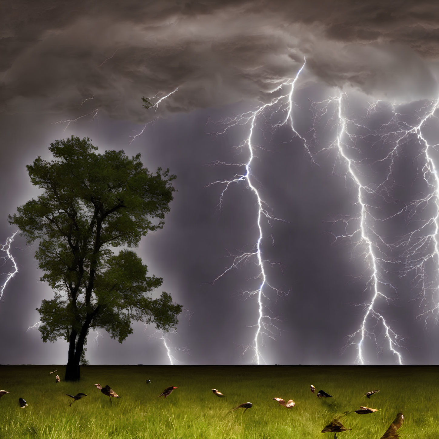 Stormy Sky with Lone Tree and Lightning Strikes in Dark Field