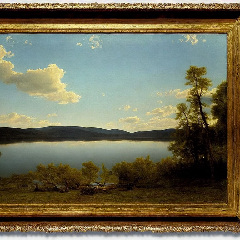 Tranquil lake painting with lush trees and mountains