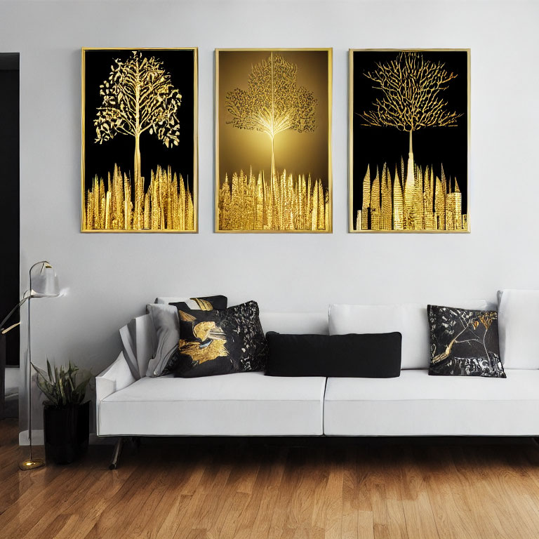 Contemporary Living Room with White Couch and Golden Tree Triptych