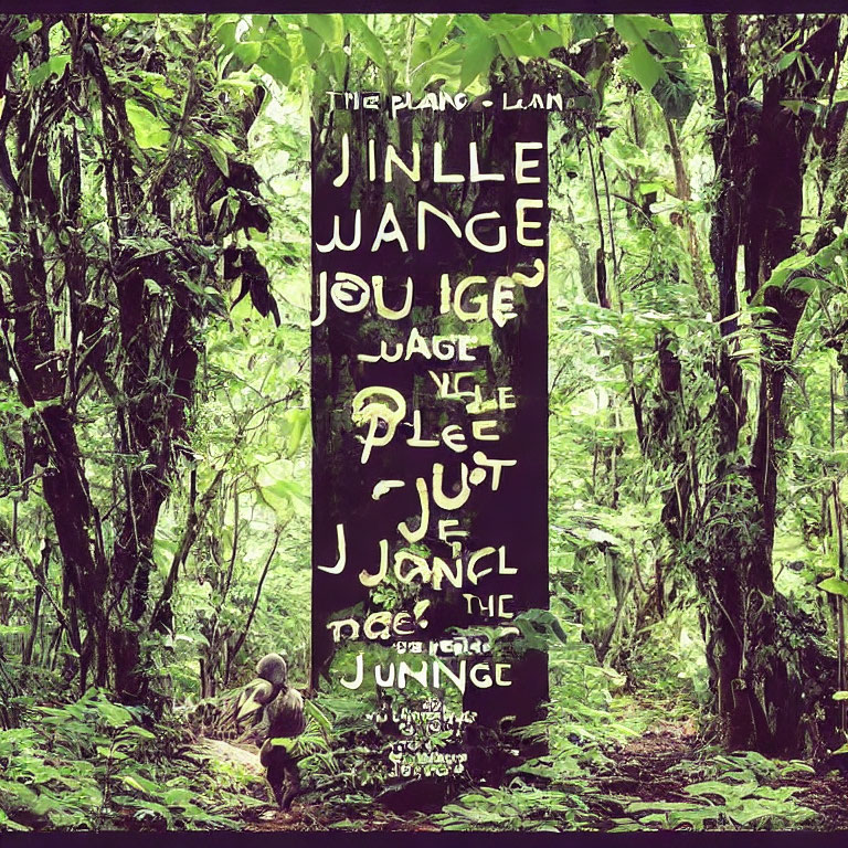 Forest scene with vertical sign in green foliage and person sitting nearby