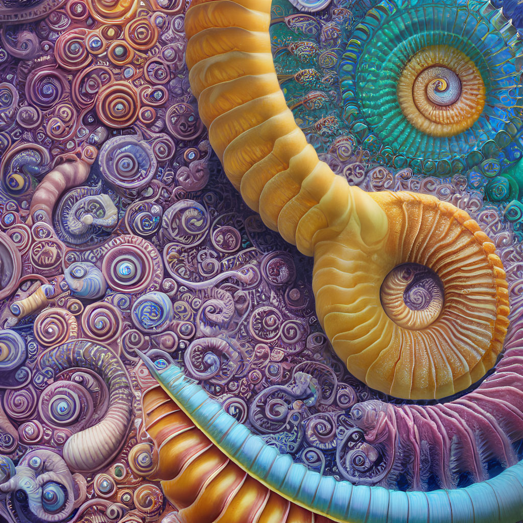 Colorful Fractal Image with Spiral Patterns & Marine Shell Shapes