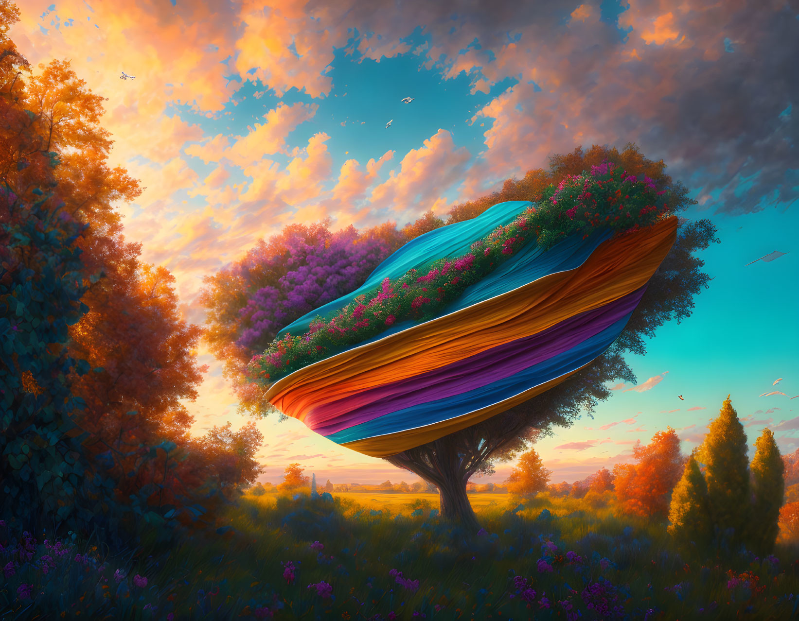 Colorful Tree Structure Illustration Against Sunset Sky