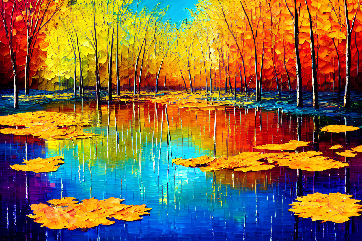 Vibrant autumn forest painting with fiery leaves and serene blue water; impressionist style.