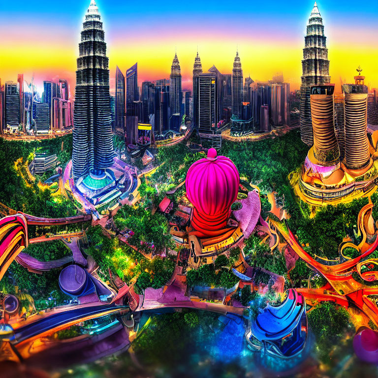 Panoramic cityscape at sunset with skyscrapers and colorful caricature