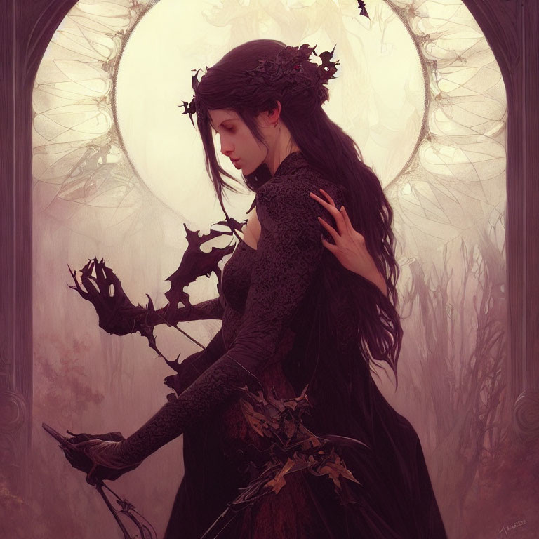 Fantasy illustration: Woman with dark hair, branch crown, black gown, in misty forest.