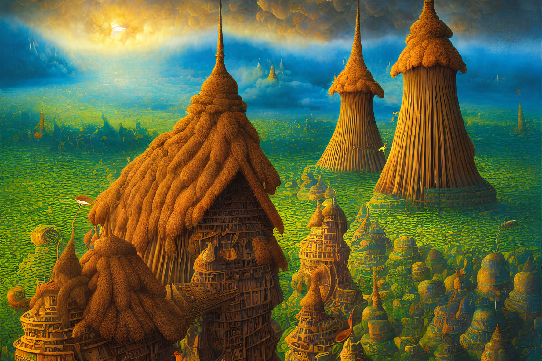 Fantastical landscape with towering beehive-like structures under orange-hued sky