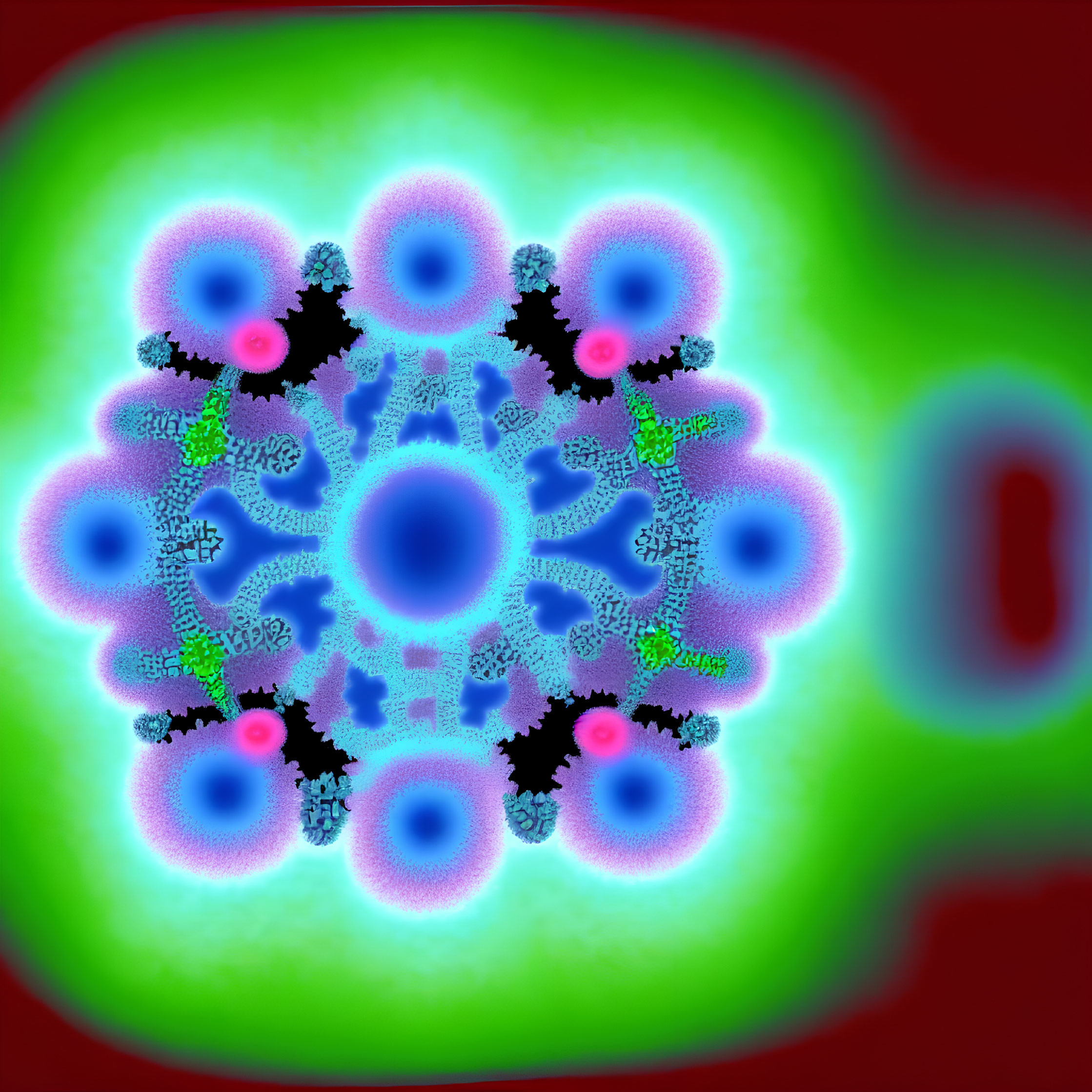 Vibrant fractal art with symmetrical blue, pink, and green patterns