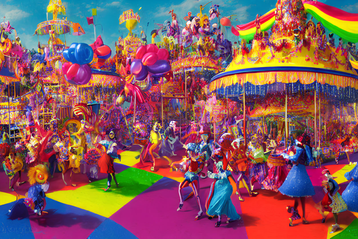 Colorful Carnival Scene with Floats, Dancers, and Carousel