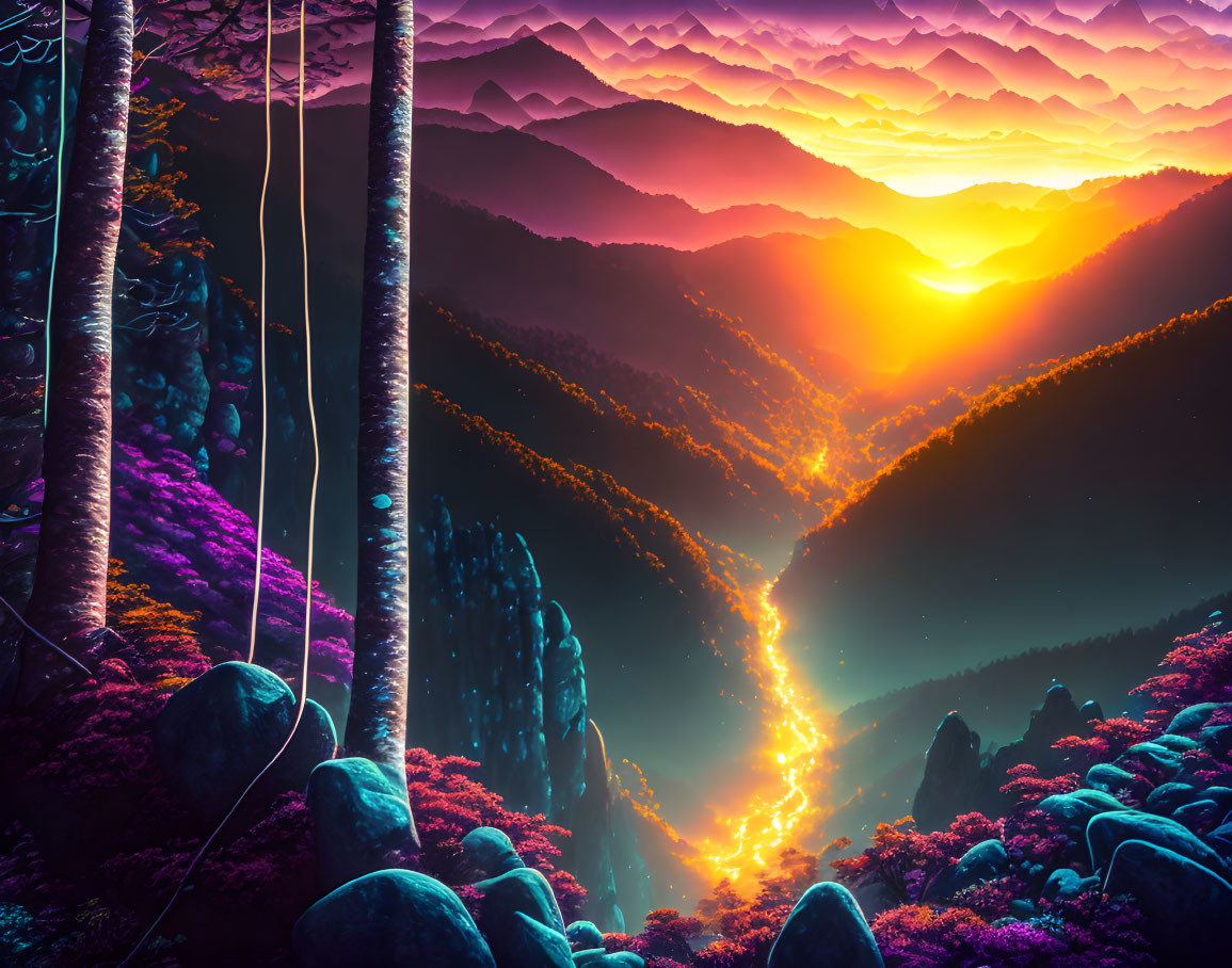 Mystical forest digital art: lava river, purple flora