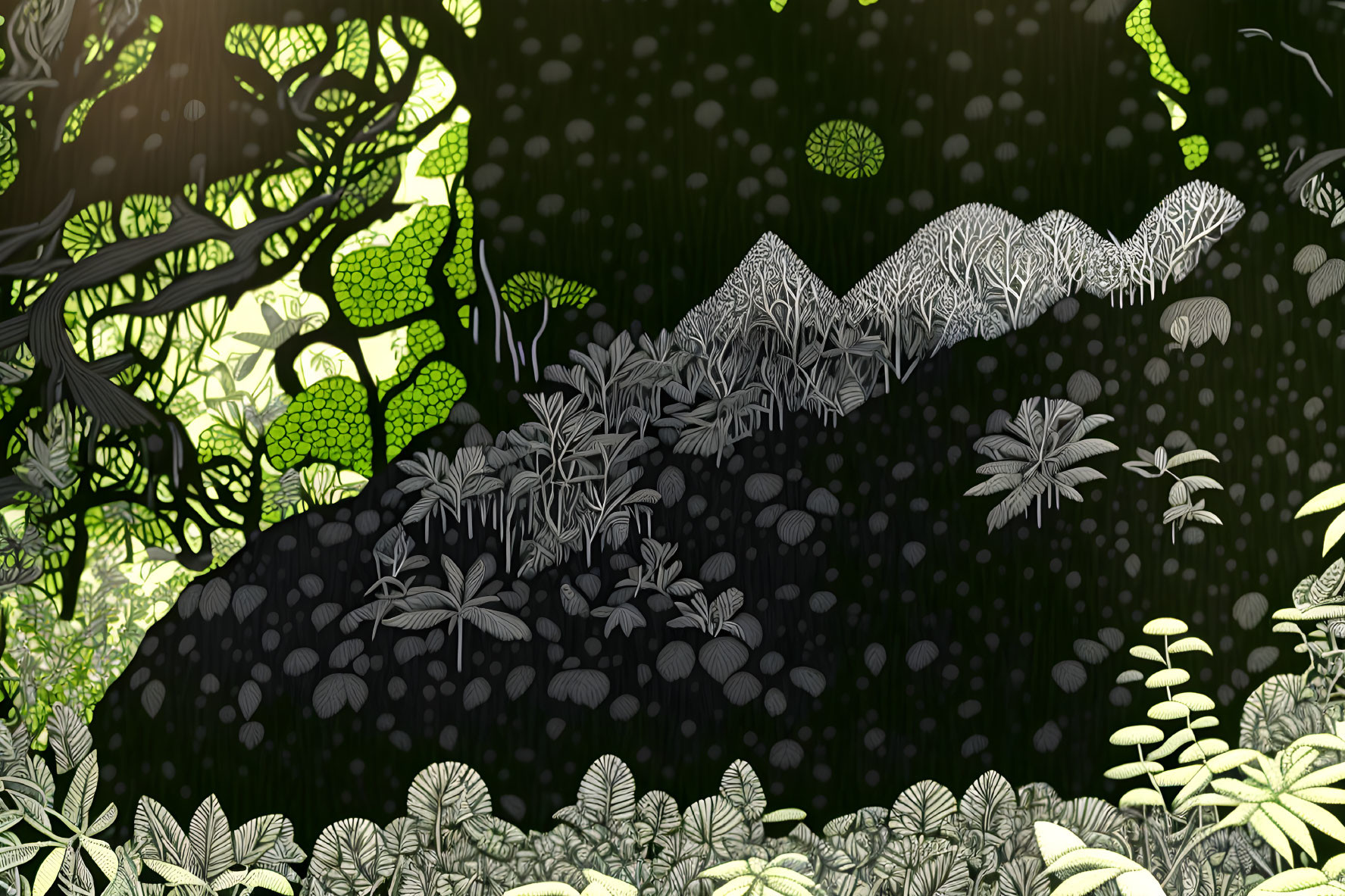 Monochromatic digital jungle with stylized trees and plants