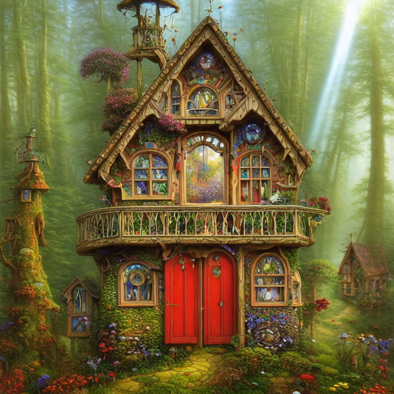 Fairytale cottage in mystical forest with vibrant flowers