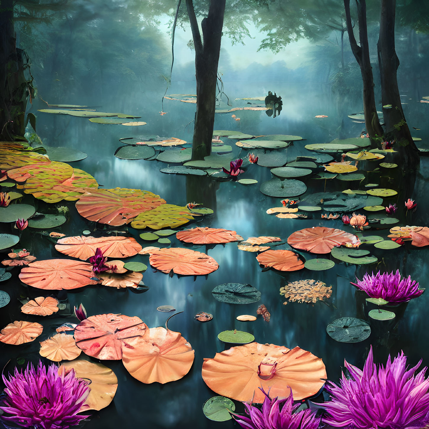 Tranquil Pond with Water Lilies and Lotus Flowers in Mystical Forest