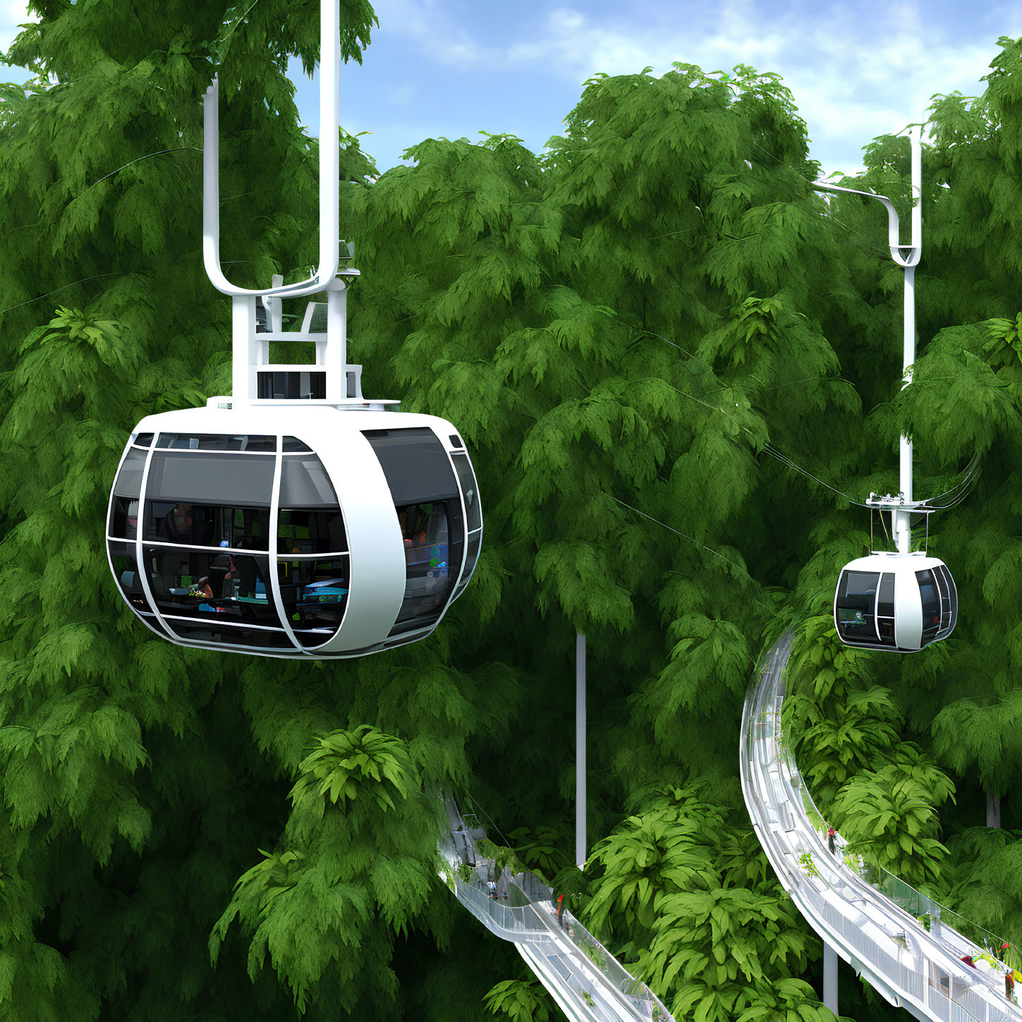 Modern white gondolas over lush green forest canopy and winding road.