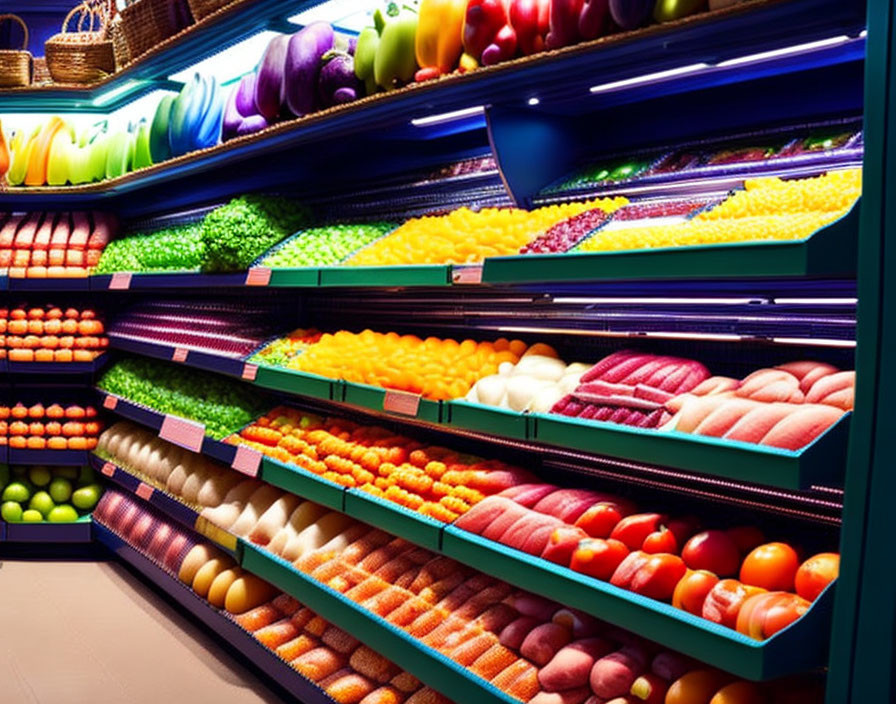 Colorful Fresh Fruits and Vegetables Displayed in Grocery Store