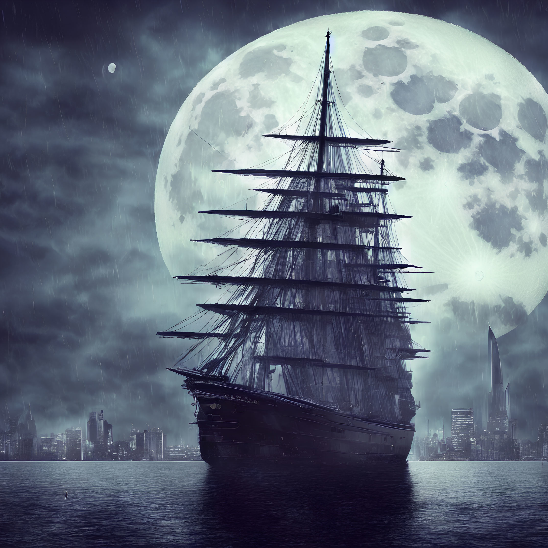 Vintage sailing ship on moonlit sea with modern city skyline and detailed moon in dramatic night sky.