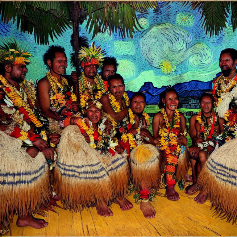 Group in traditional attire with floral garlands against vibrant backdrop.