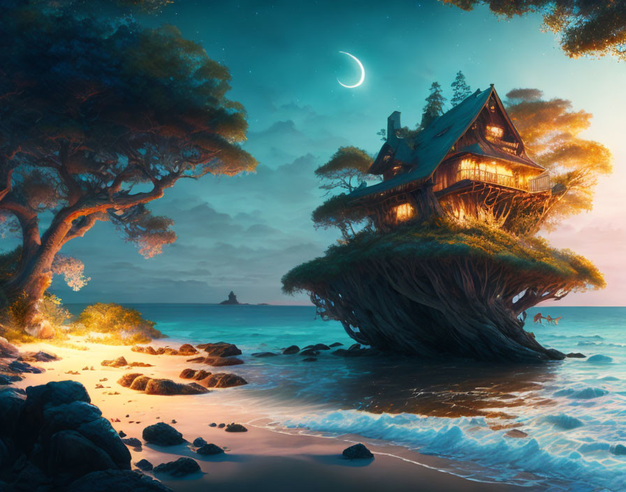 Glowing treehouse on ancient tree by serene beach at twilight