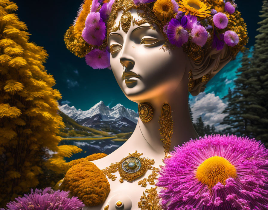 Surreal female bust with golden jewelry and vibrant flowers against snowy mountains and yellow trees