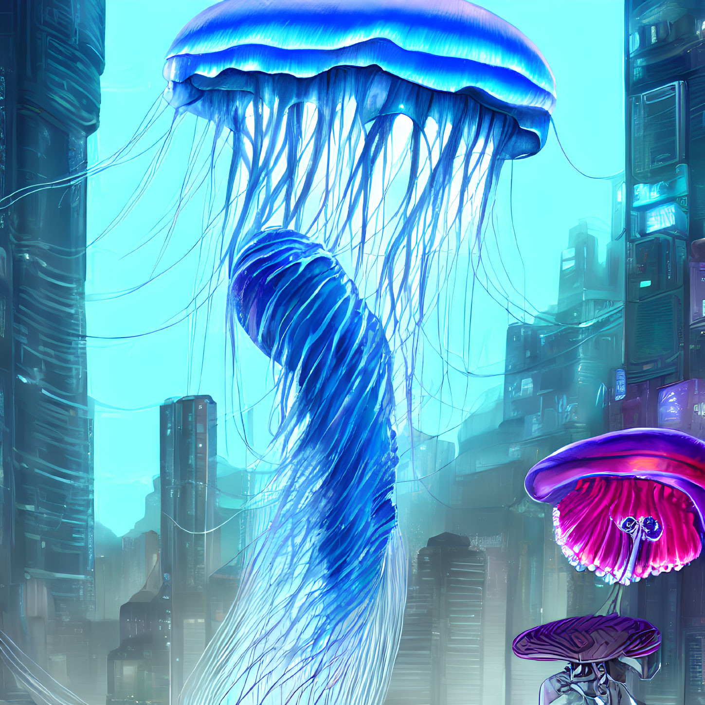 Digital Art: Giant Jellyfish in Futuristic Cityscape