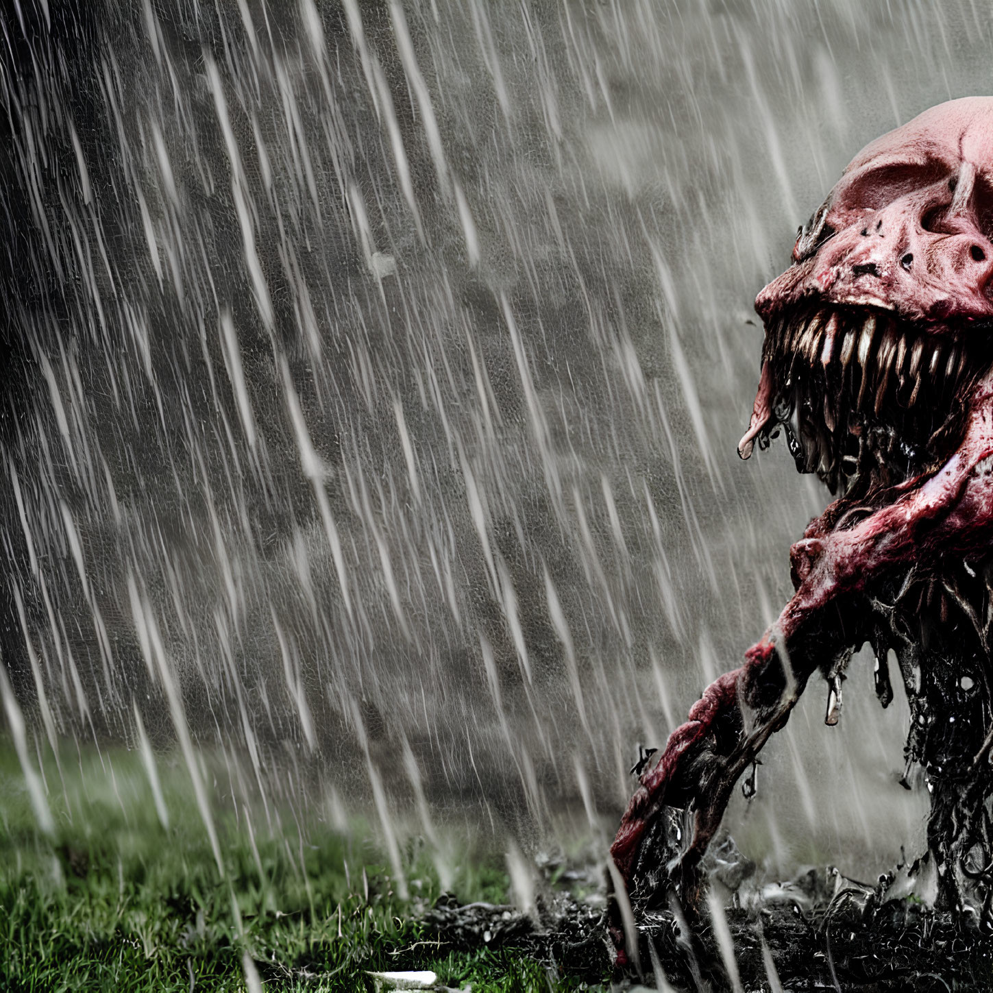 Sinister skull-faced creature in rain with sharp teeth.