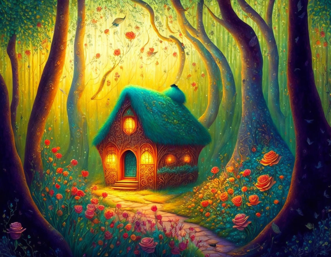 Enchanting forest scene with fairy-tale cottage & vibrant nature