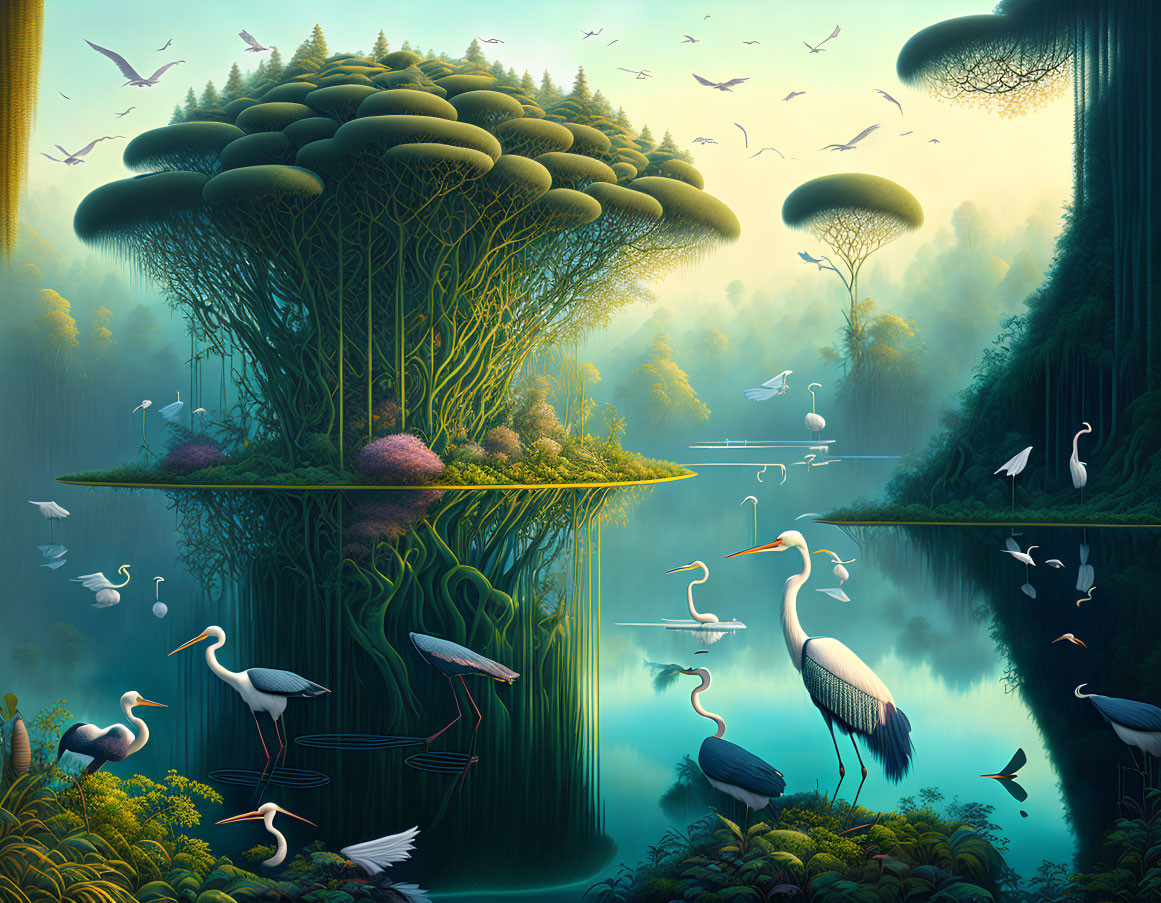 Tranquil landscape with mushroom-shaped tree island, birds in flight, and egrets near lake