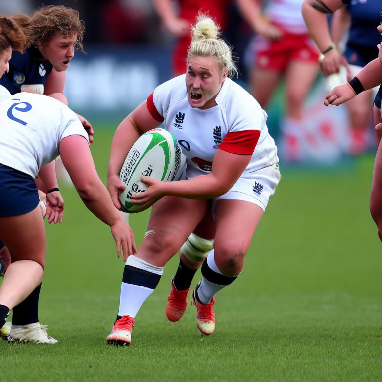 Female rugby player in white and red uniform running with ball in match