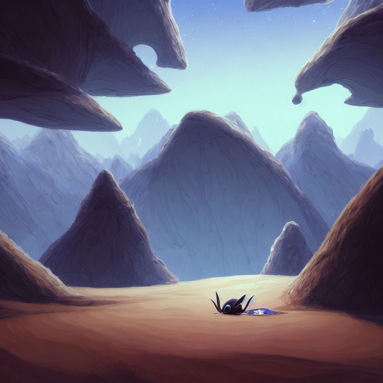 Person lying in desert among rock formations under blue sky with floating islands.