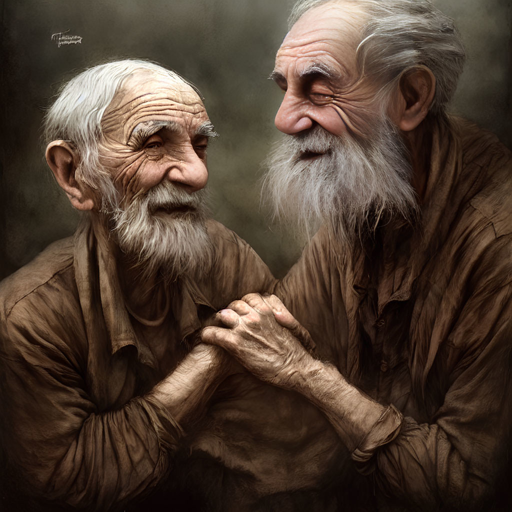 Elderly men with white beards smiling and holding hands in rustic shirts