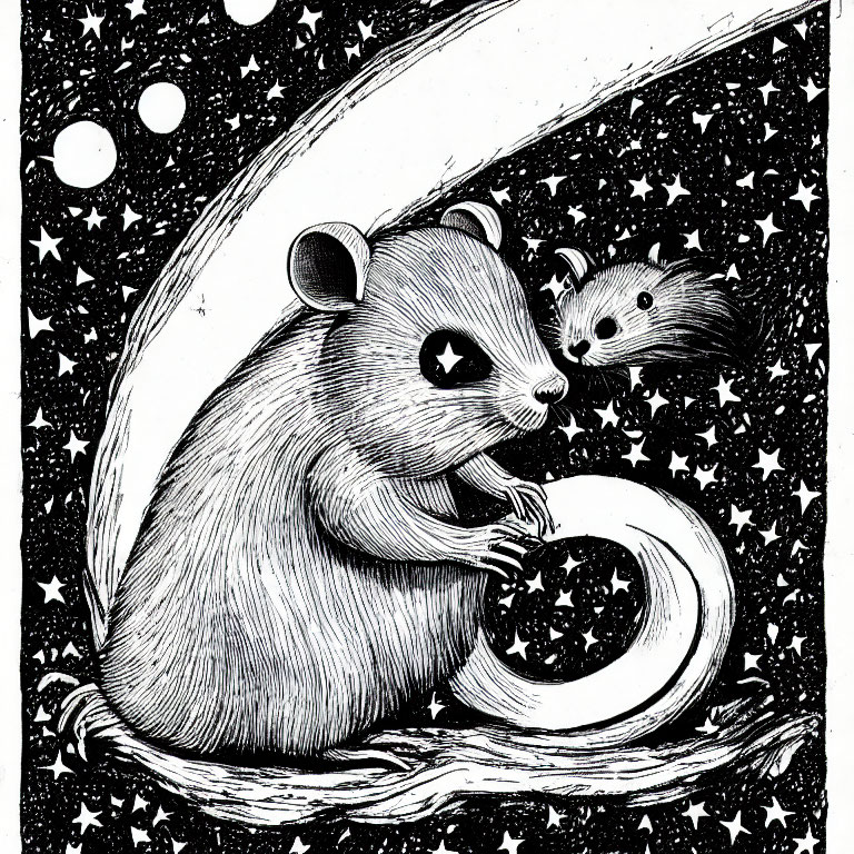 Stylized mice on celestial background with crescent moon and stars