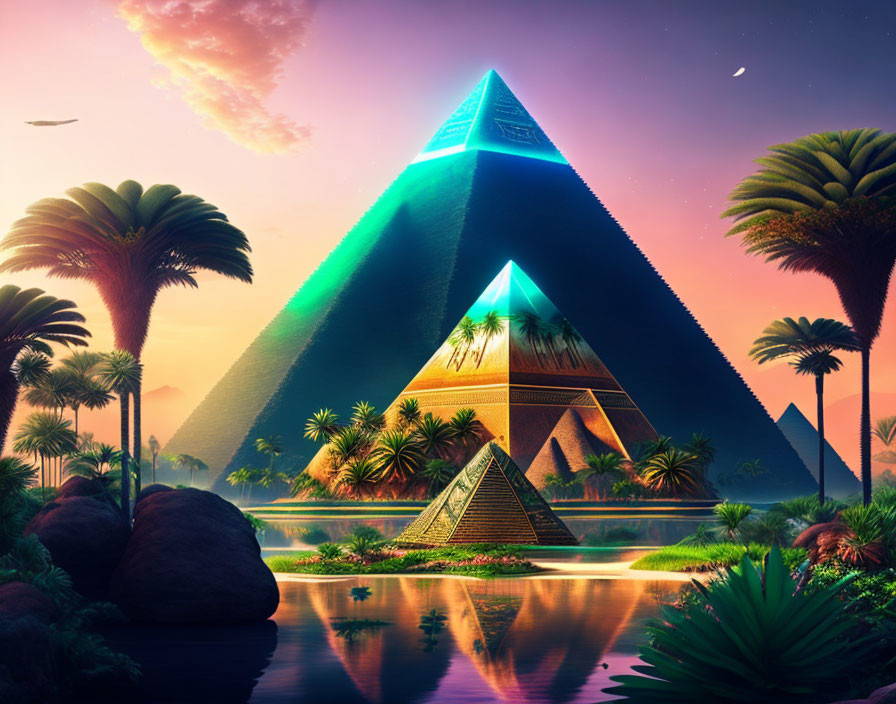 Neon-lit futuristic pyramids in lush oasis at sunset