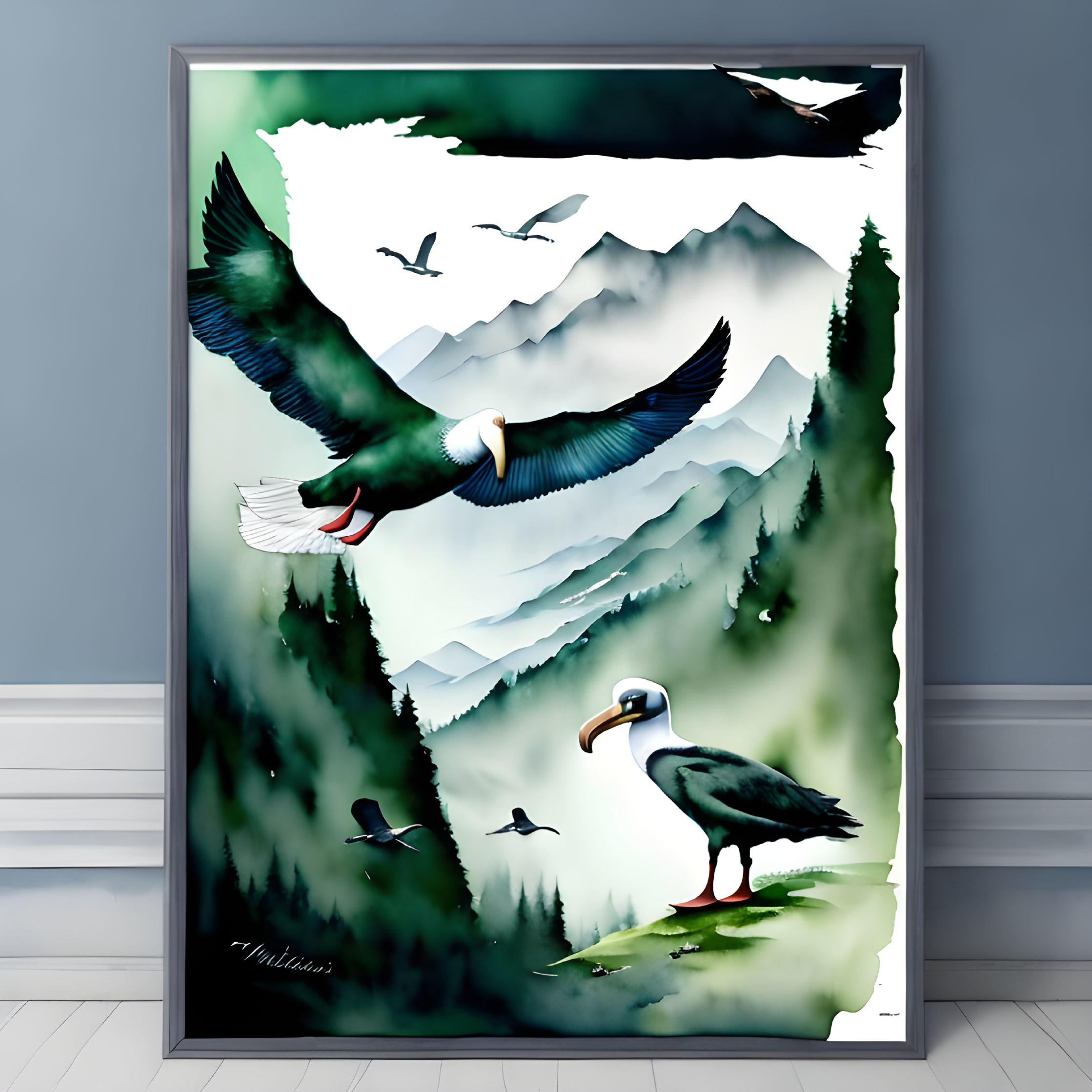 Colorful eagle artwork with misty mountains and birds, room display