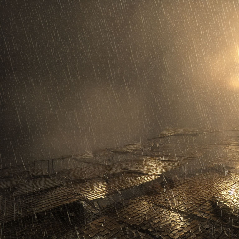 Nighttime heavy downpour illuminates wet cobblestones and wooden structures