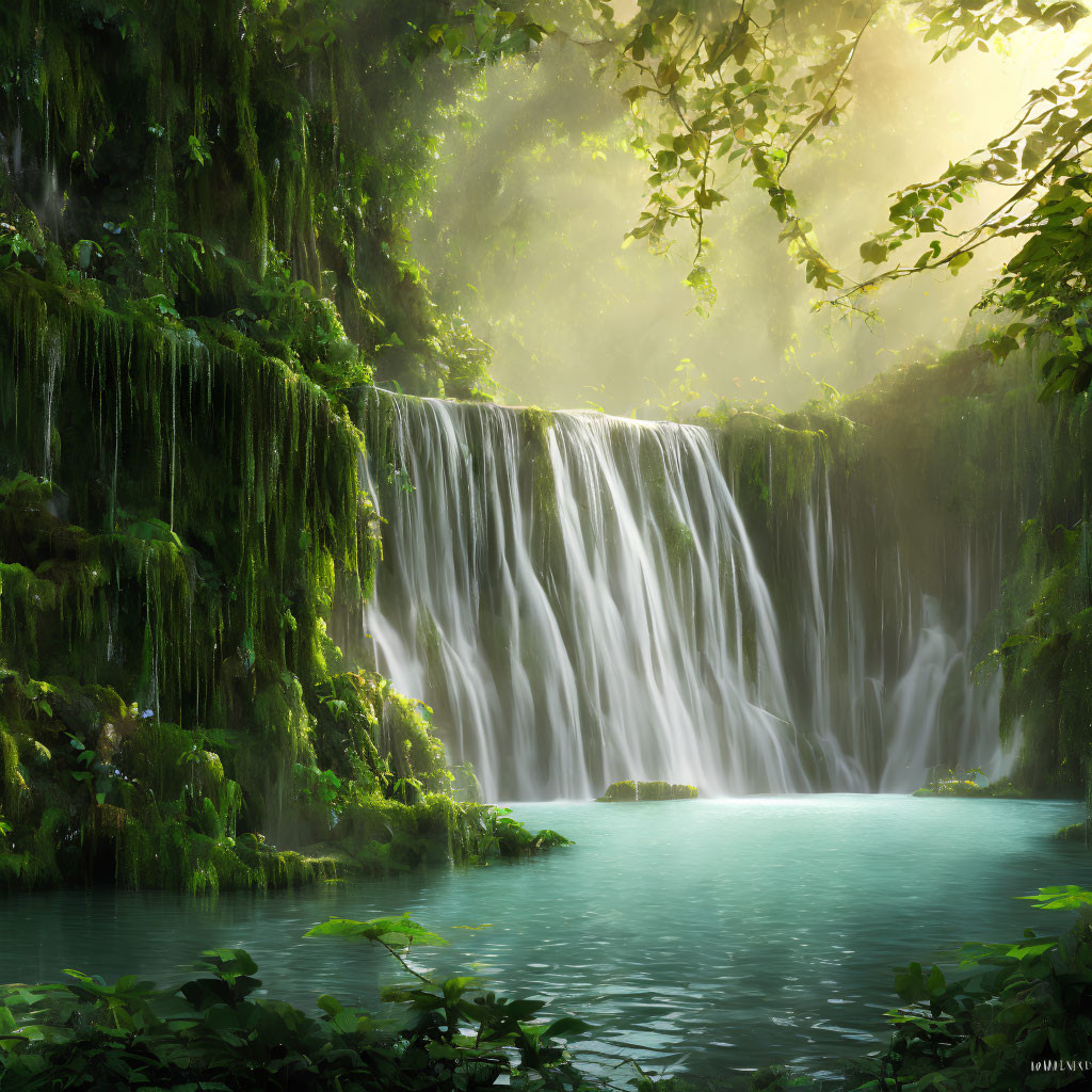 Tranquil waterfall in lush green surroundings