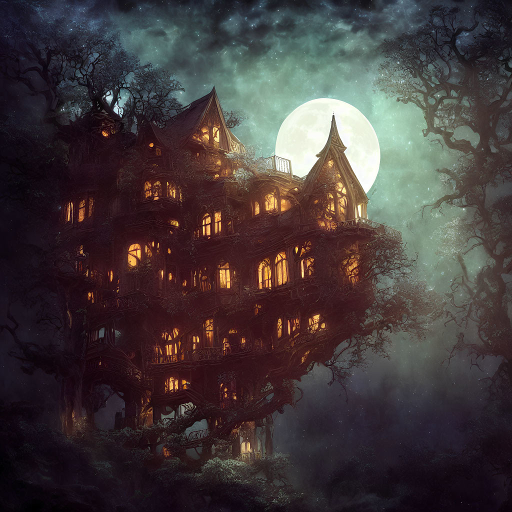 Enchanting multi-storied treehouse under full moon sky