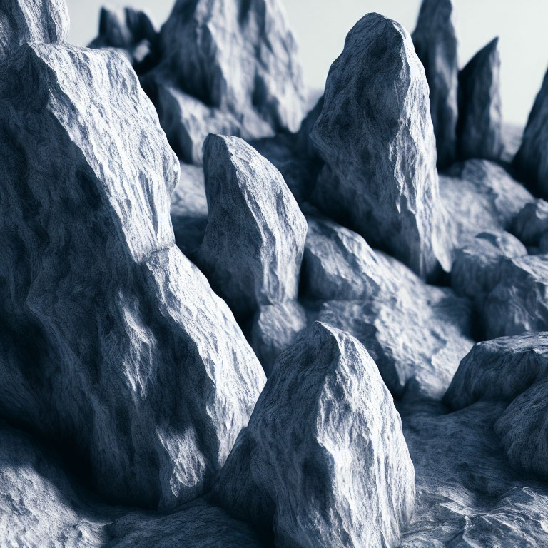 Barren landscape with jagged, cool-toned rocks.