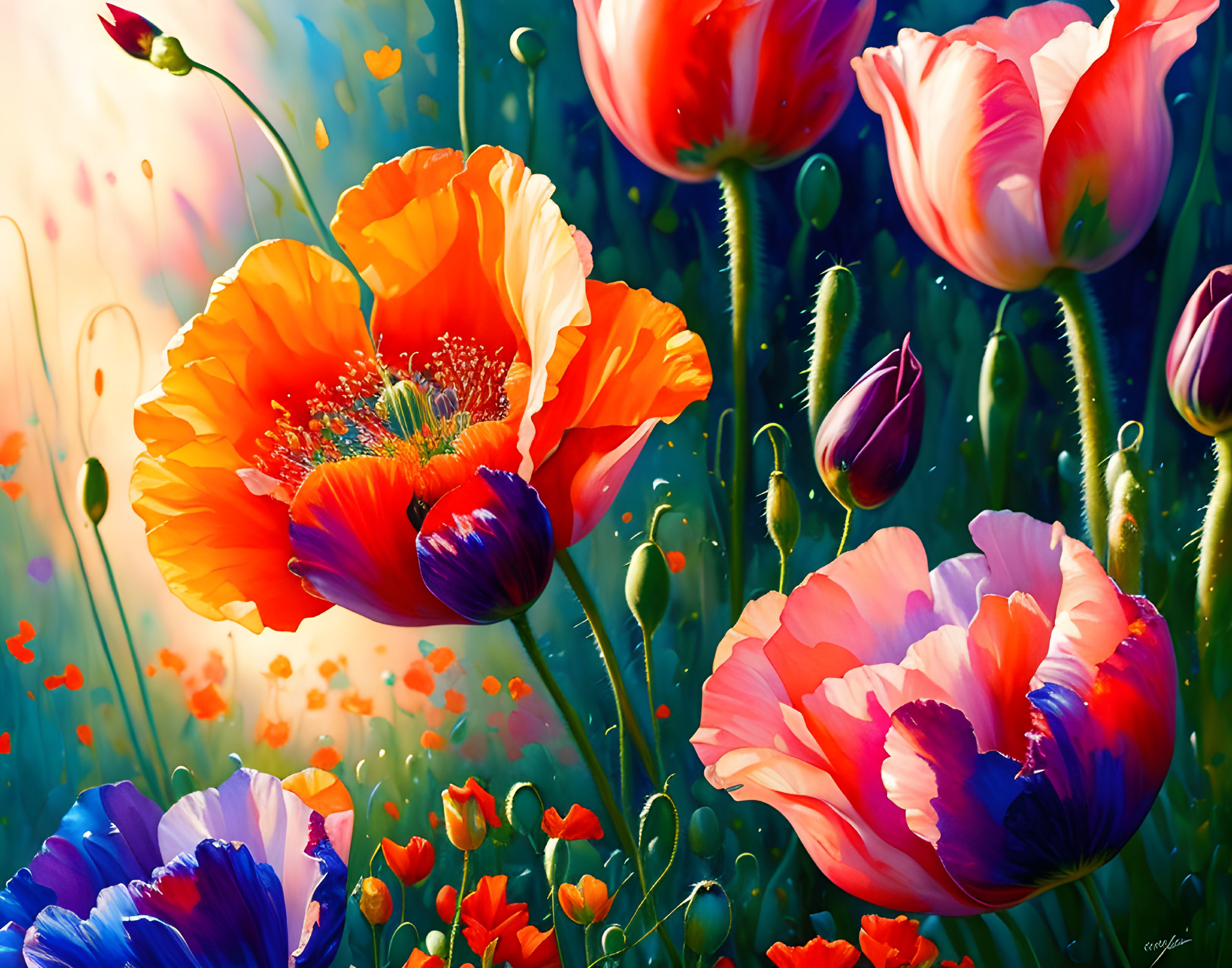 Colorful Poppy Painting with Delicate Petals in Orange, Red, and Purple