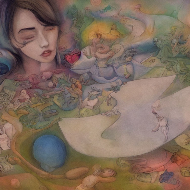 Colorful surreal illustration of woman with closed eyes and whimsical creatures.