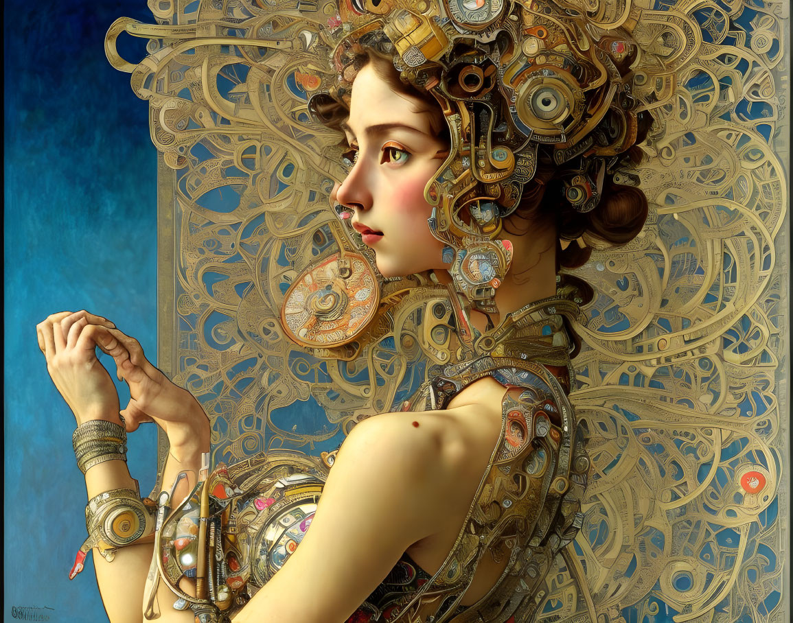 Steampunk-style woman with mechanical headdress and jewelry on blue background