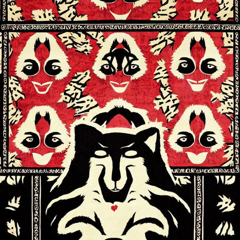 Symmetrical black, white, and red textile design with abstract animal and human figures