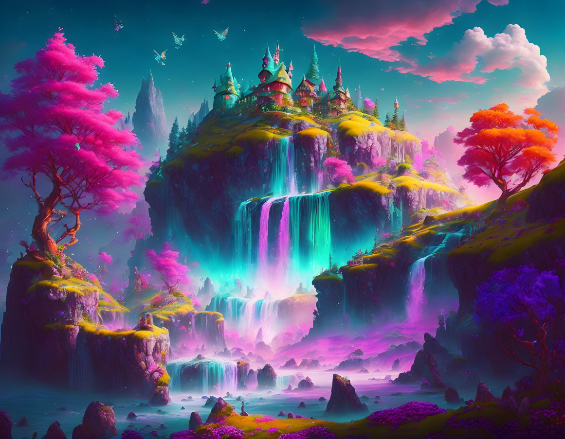 Fantasy landscape with castle on waterfall hill, colorful flora, mystical lighting