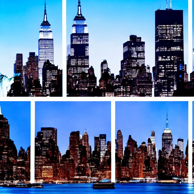 Twilight skyline collage of New York City with Empire State Building.