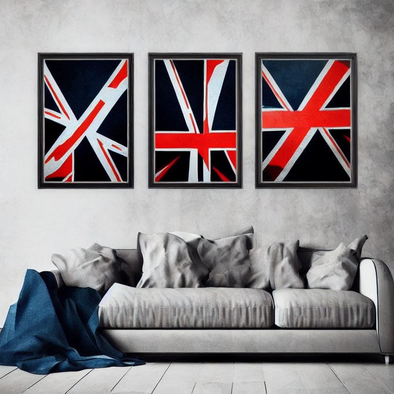 Contemporary Living Room with Gray Sofa, Blue Throw, and Union Jack Flag Artworks