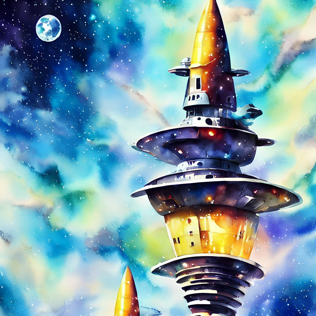 Vibrant illustration of a space tower in starry sky