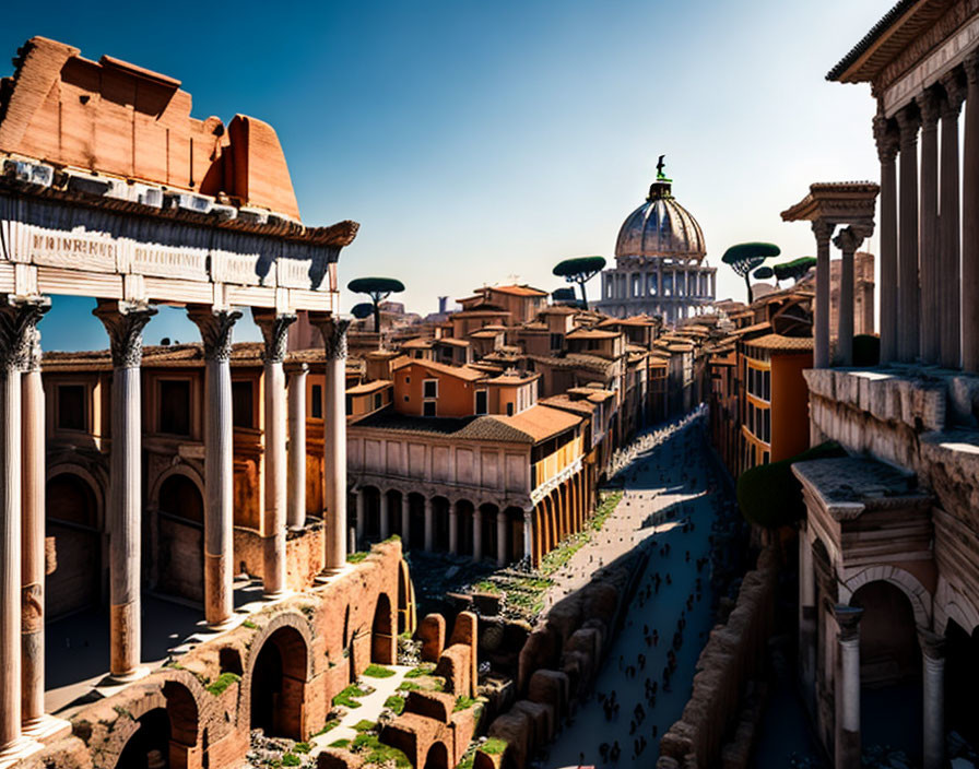 Digital artwork: Ancient Roman architecture fused with modern cityscape under clear blue sky