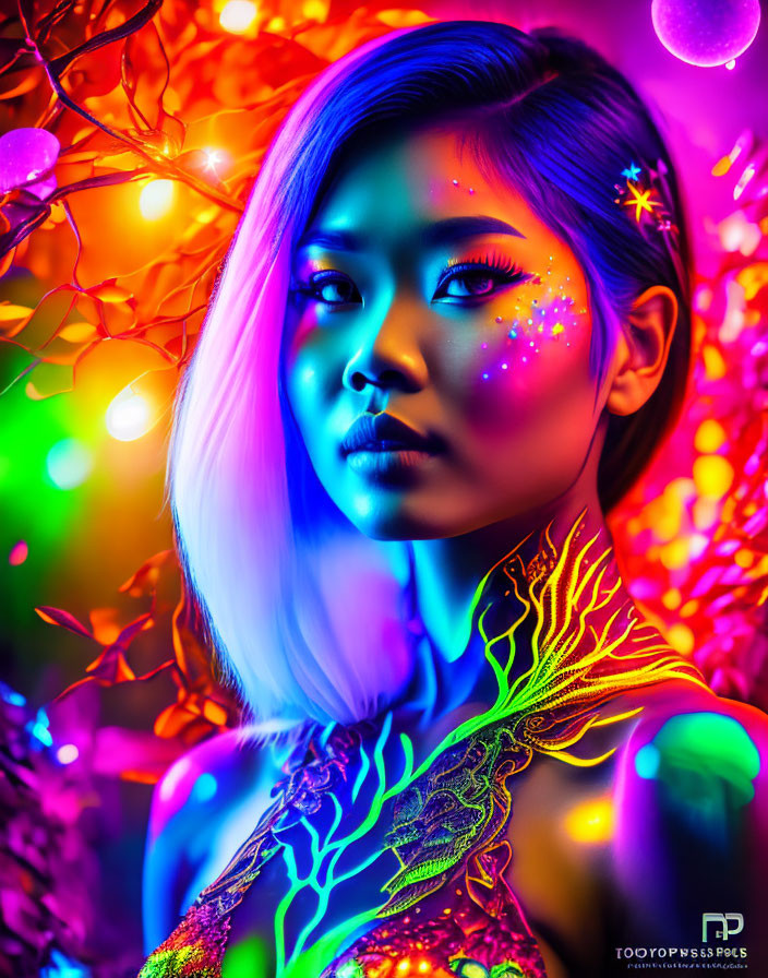 Blue-Tinted Hair Woman with Neon Makeup in Colorful Lights