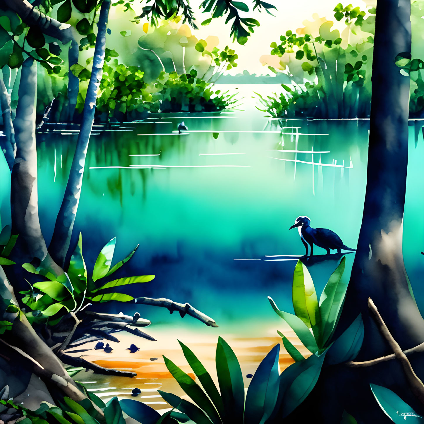 Tranquil forest waterbody with monkey and lush foliage