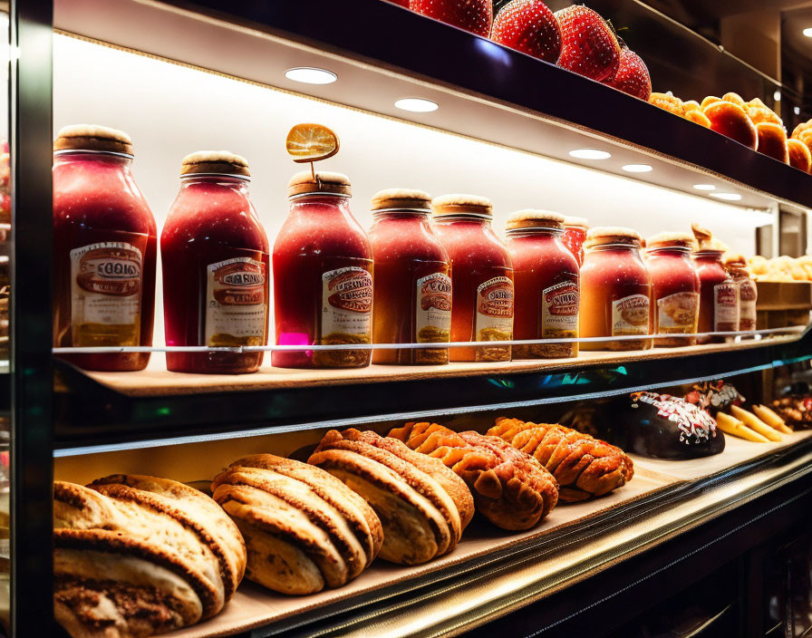 Gourmet Food Shop Displaying Bottled Fruit Juices, Fresh Strawberries, and Pastries