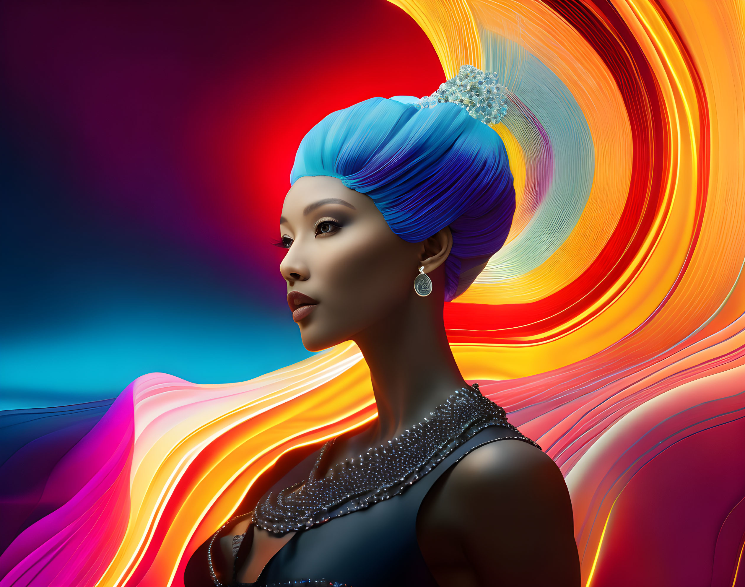 Woman in Blue Turban with Elegant Attire on Colorful Abstract Background