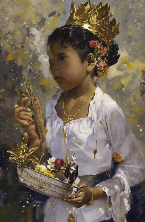 Young girl with golden headdress holding tray against starry backdrop